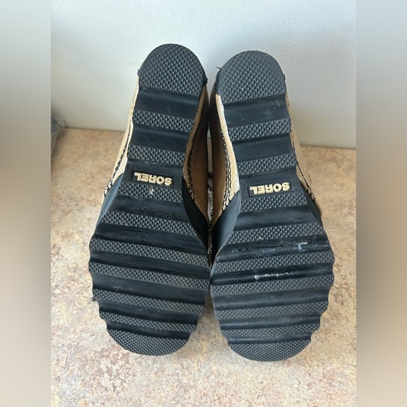 Sorel Joan of Arc Black Leather and Burlap like Canvas Wedge Boots size 6.5 - Picture 7 of 8